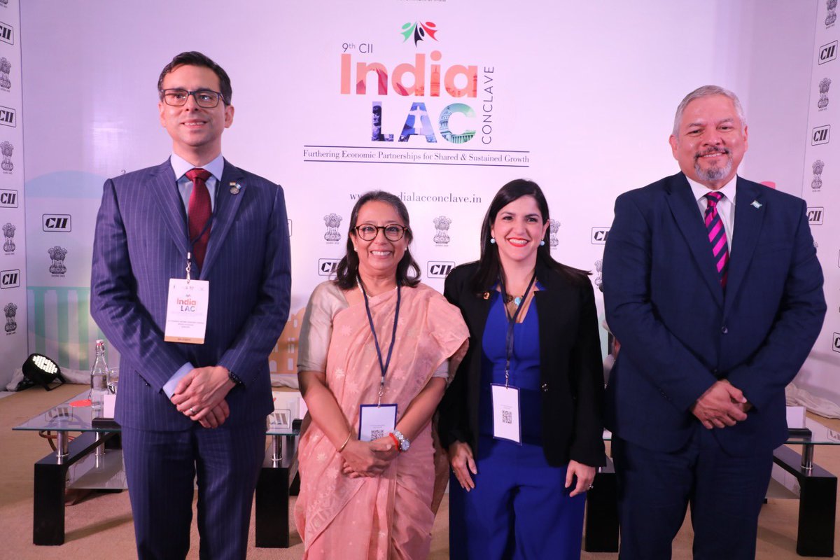 EmbGuaIndia's tweet photo. 2 day of the 9th CII Indian Latin America &amp; the Caribbean Conclave! Today a productive session on SICA-India partnership took place addressing Supply-Chain vulnerabilities to foster trade and investments opportunities! @MINECOGT @MinexGt https://t.co/yIYBThSfzn