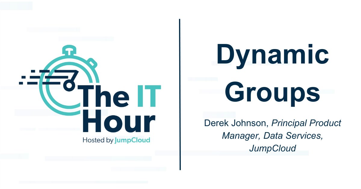 JumpCloud's tweet photo. T-minus 1 hour until #ITHour!
Today, we'll preview JumpCloud Dynamic Device Groups โ which seamlessly automate user & device group membership.
So you can increase efficiency, reduce costs, & improve security and compliance posture.
Register: https://t.co/yHs4u1SlGs https://t.co/DheEe5UnI1