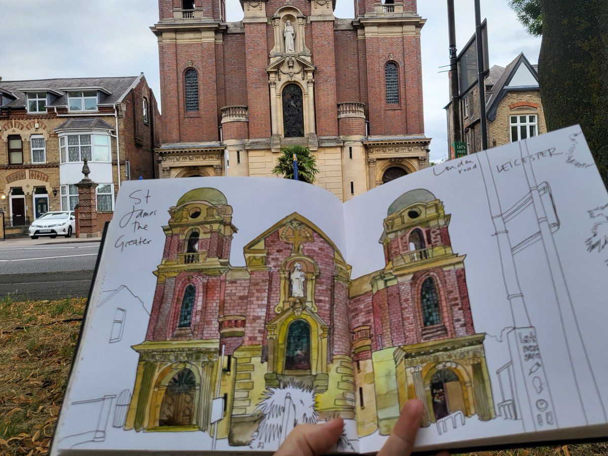 The very interesting #stjamesthegreater #leicester because I was looking through my sketchbook with a friend and we both said how different this one is. Had to sit across a big road so couldn't see the details brilliantly but got lots of waves from people going in and out! #cofe