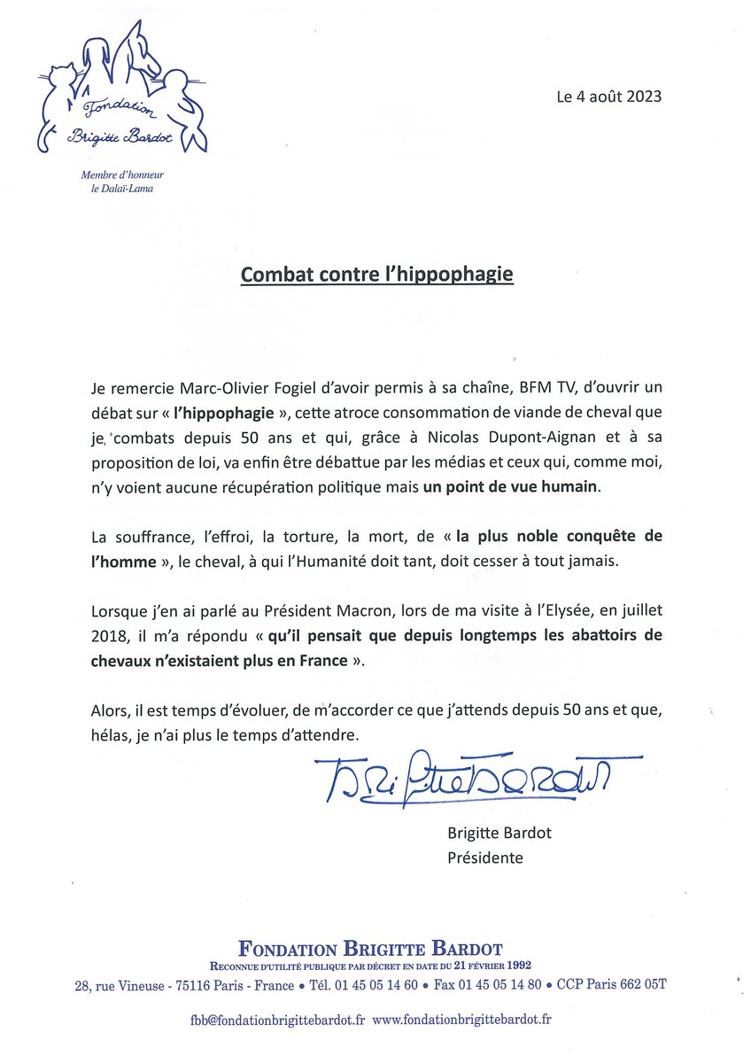 Brigitte Bardot (@brigitte_bardot) on Twitter photo COMBAT CONTRE L'HIPPOPHAGIE :
La souffrance, l’effroi, la torture, la mort, de « la plus noble conquête de l’homme », le cheval, à qui l’Humanité doit tant, doit cesser à tout jamais.
Merci <a href="/FogielMarcO/">Marc-Olivier FOGIEL</a> d'avoir permis à sa chaîne, BFM TV, d'ouvrir un débat. COMBAT CONTRE L'HIPPOPHAGIE :
La souffrance, l’effroi, la torture, la mort, de « la plus noble conquête de l’homme », le cheval, à qui l’Humanité doit tant, doit cesser à tout jamais.
Merci <a href="/FogielMarcO/">Marc-Olivier FOGIEL</a> d'avoir permis à sa chaîne, BFM TV, d'ouvrir un débat.