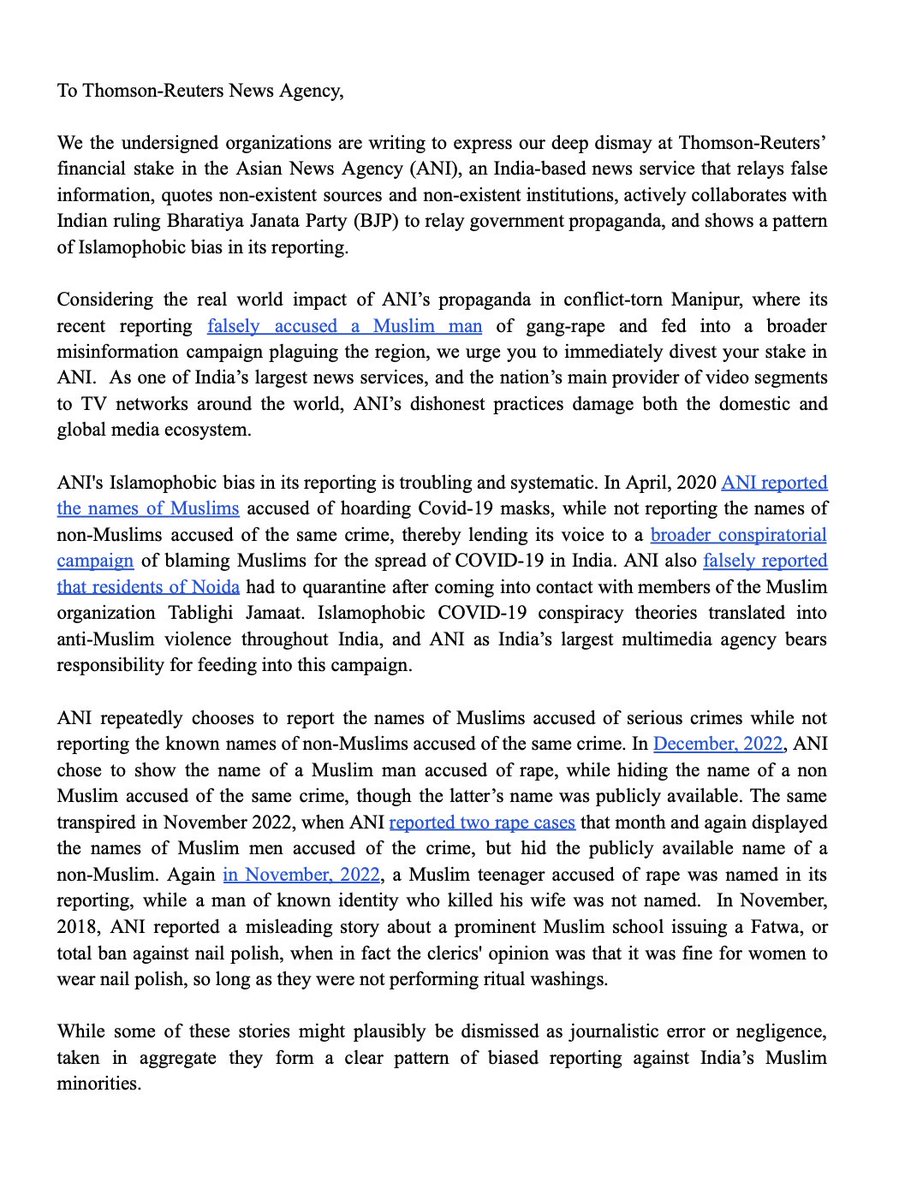 IAMCouncil's tweet photo. #BREAKING: International coalition of over 35 civil rights groups call on @thomsonreuters @ReutersPR @aagalloni to terminate its partnership & investment in @ANI due to its Islamophobic reporting & dissemination of @BJP4India propaganda.
#ReutersStopFundingHate #DivestFromANI https://t.co/s14SGZzLF6