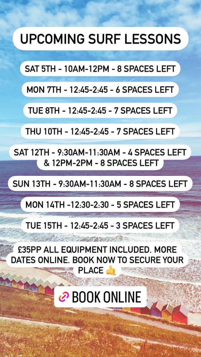 Upcoming surf lessons at #Whitby. All our dates can be found and booked on our website 🤙 whitbysurf.co.uk/book-online/