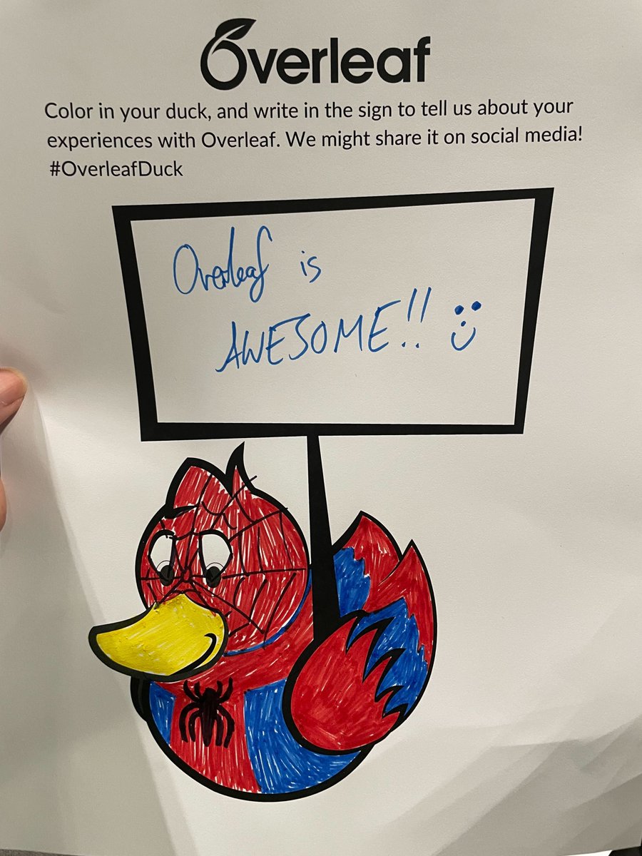 overleaf's tweet image. Hey! @DrHammersley colored this duck — Spider duck, Spider duck! 🤩🕷️🦆🎨   Stop by Booth 205 at #mathfest and color in a duck too! 🎉🦆💚 #Overleaf #OverleafEvents