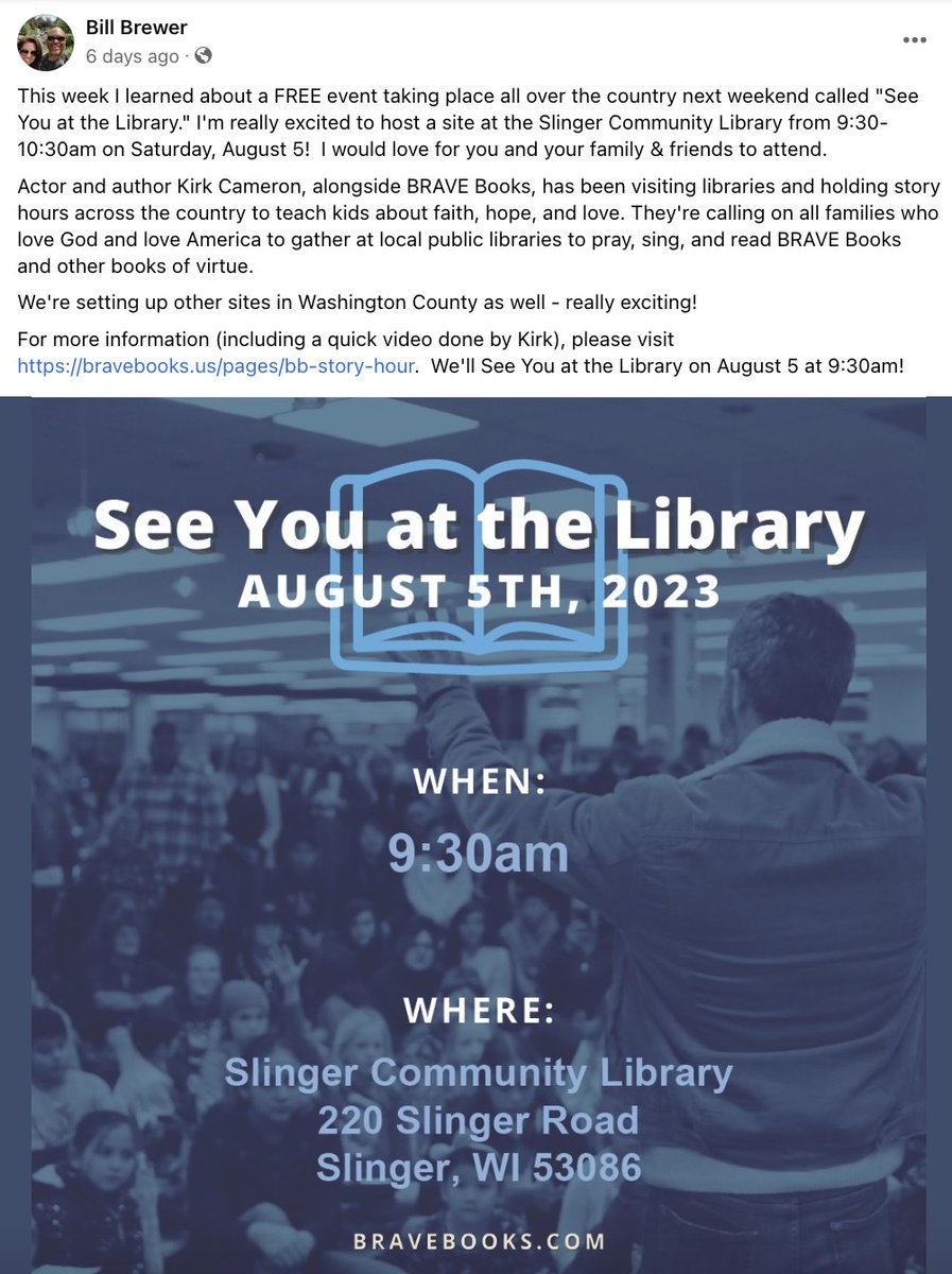 jnorcr's tweet photo. Heads up, #SlingerWI.
#MomsforLiberty #WashingtonCountyWI is hosting one of #KirkCameron's "BRAVE Story Hour" events on August 5th at the public library.
This is a political project to manufacture outrage:
https://t.co/YhzBB9utFo https://t.co/tprWQrc94J