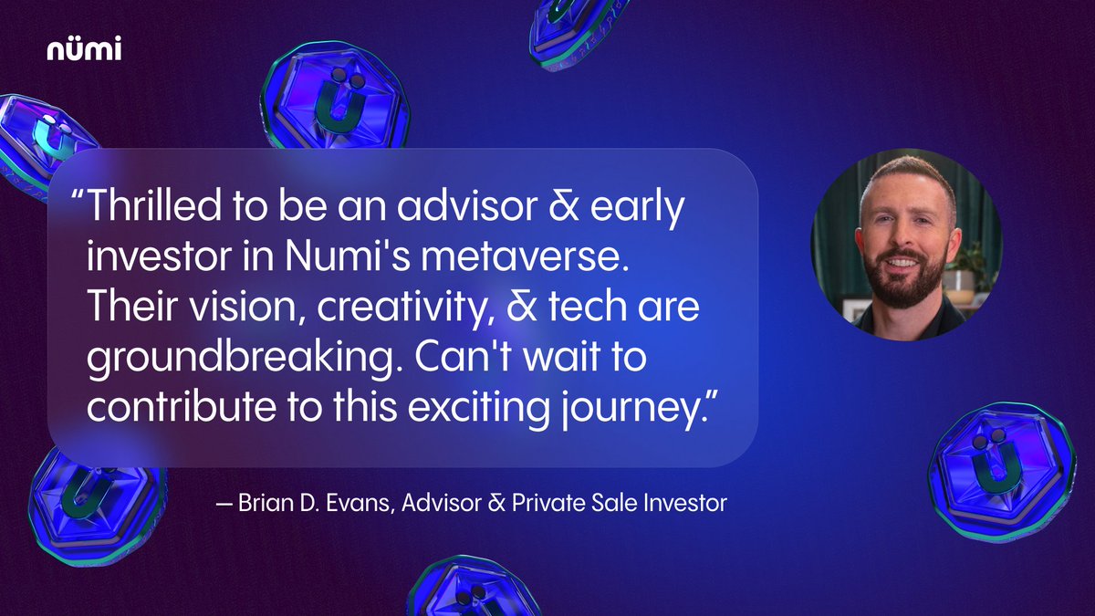 Nümi Official (@numi_verse) on Twitter photo Big news, guys!
We were totally honored to welcome <a href="/BrianDEvans/">Brian D. Evans</a> on board as our Advisor and early investor in the Numi metaverse.
His marketing and gaming expertise, networking ability and mainstream clout on the first Crypto TV show (The Next Crypto Gem) is a game-changer. Big news, guys!
We were totally honored to welcome <a href="/BrianDEvans/">Brian D. Evans</a> on board as our Advisor and early investor in the Numi metaverse.
His marketing and gaming expertise, networking ability and mainstream clout on the first Crypto TV show (The Next Crypto Gem) is a game-changer.