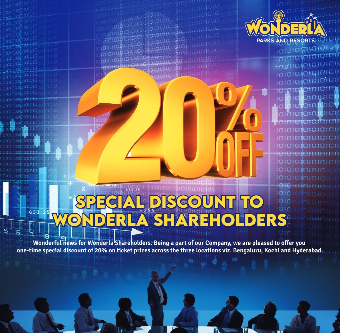 Wonderla shares the joy with Shareholders!🎢🎁 We appreciate your support and now it's time to enjoy some fun and adventure. We are pleased to offer a special one-time 20% discount on park tickets🎟️Make unforgettable memories at Wonderla Kochi, Bengaluru, and Hyderabad!