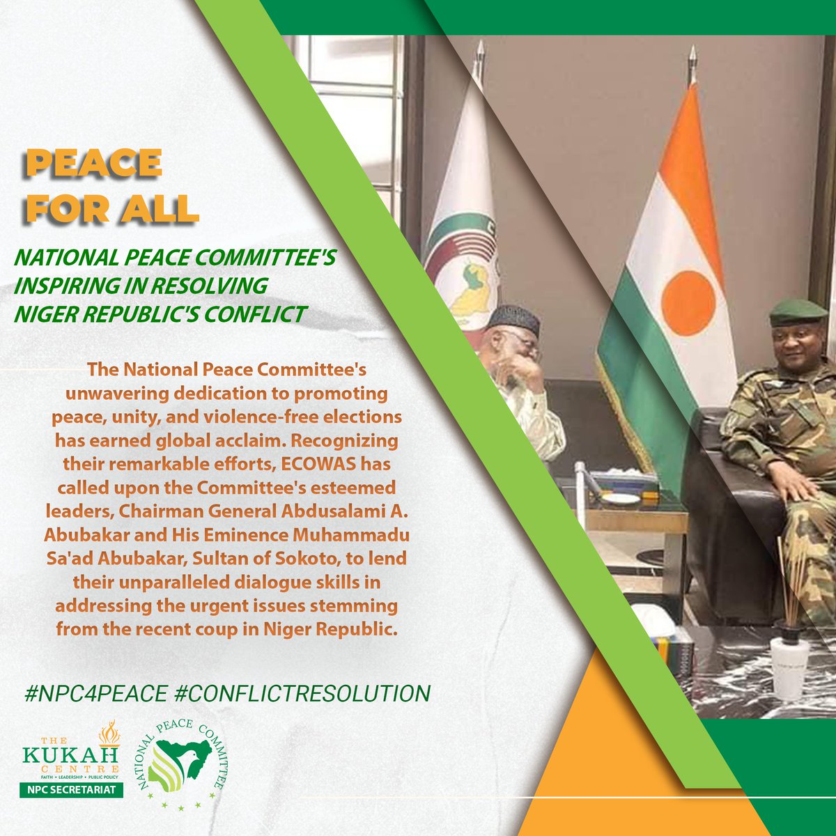 KukahCentre's tweet photo. ECOWAS calls Chairman Gen. Abdusalami A. Abubakar and Sultan of Sokoto, His Eminence Muhammadu Sa'ad Abubakar, to use their unparalleled dialogue skills to address Niger Republic's recent coup. A privilege for Africa and the global community. 🤝🕊 #NPC4peace #ConflictResolution https://t.co/IRgch906FT