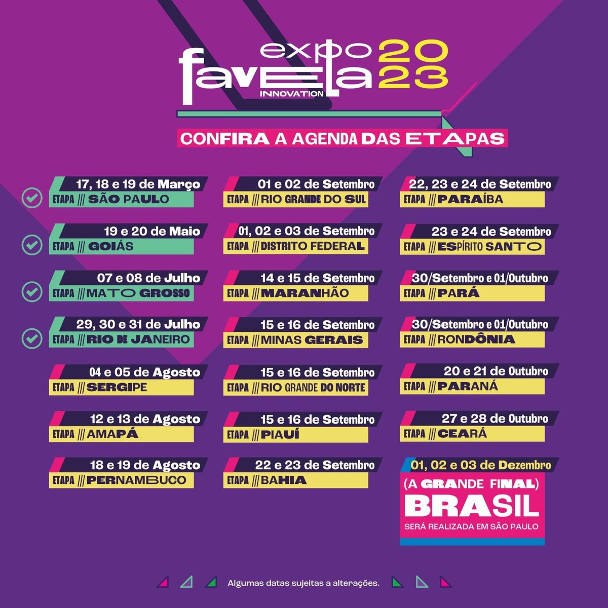 Preparados para viver uma experiência única na Expo Favela Innovation 2023?
Confira o calendário das atividades em seu Estado e garanta seu lugar nessa celebração do empreendedorismo e inovação! Acesse o site expofavela.com.br para mais informações sobre sua região e todas