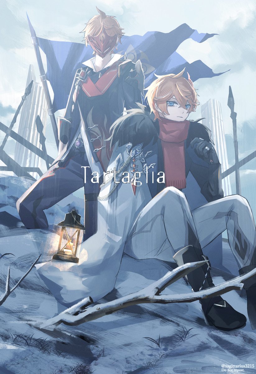 tartaglia (genshin impact) red scarf multiple boys 2boys scarf blue eyes orange hair sitting  illustration images