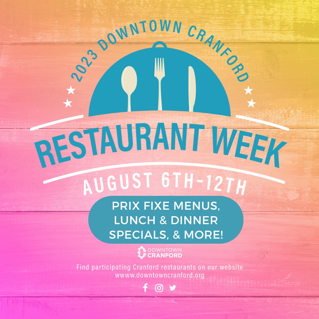 Downtown Cranford Summer Restaurant Week is this Sunday through Saturday and our restaurants have put together some terrific prix menus and lunch and dinner specials! You can view all of the menus by going to our website: downtowncranford.org/news/2023summe….