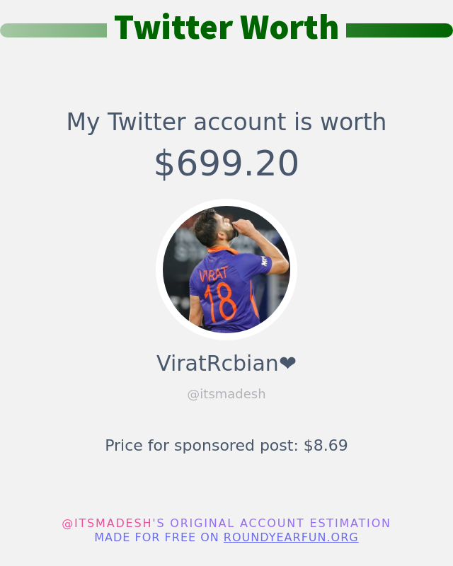 itsmadesh's tweet photo. My Twitter worth is: $699.20

➡️ https://t.co/9IbGjbmII1 https://t.co/NT7poQGitm