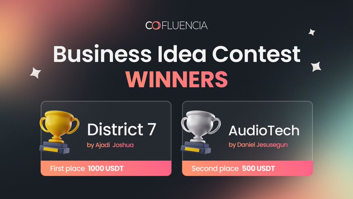Cofluencia's tweet photo. 🎉 Winners of the First Business Idea Contest 🎉

We are excited to announce the winners of the first Business Idea Contest by #Cofluencia!

🏆The first place and 1000 #USDT go to Ajadi Joshua and his District 7

🥈Second place and 500 #USDT go to Daniel Jesusegun and his AudioTech

Our team will get in touch with you to deliver the rewards. Congratulations to the winners, and a Big thank you to all contestants and the community for your support!

⚡️ Stay tuned for big announcements!