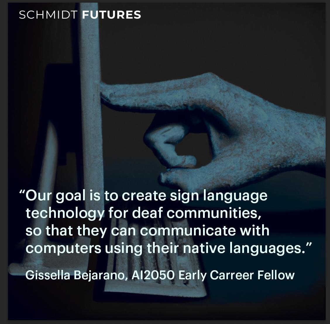 Schmidt Futures (@schmidtfutures) on Twitter photo Computers today only have a limited ability to understand sign language.
Read more about how AI2050 Early Career Fellow <a href="/gissemari/">Gissella Bejarano</a> is enabling AI to better understand iconicity and increase access to AI for signers:
ai2050.schmidtfutures.com/community-pers… Computers today only have a limited ability to understand sign language.
Read more about how AI2050 Early Career Fellow <a href="/gissemari/">Gissella Bejarano</a> is enabling AI to better understand iconicity and increase access to AI for signers:
ai2050.schmidtfutures.com/community-pers…