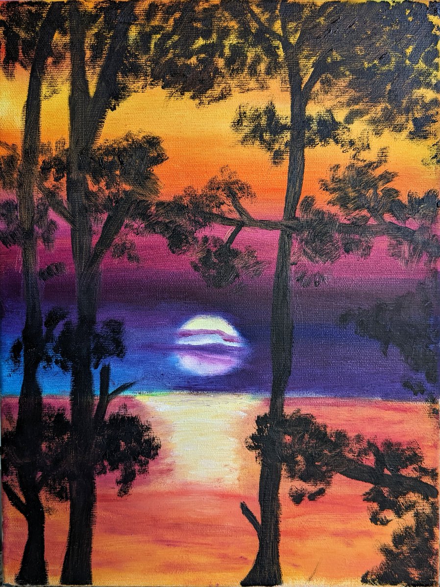 Hi everyone ☺️!! A few weeks ago I was at an oil painting workshop! This was my final work which I called "Sunset in the trees"🤩!I just minted and soon I'll be able to share something in AR😜! Happy holidays to all😊🙃🫂! #art #nftart #NFTkids #PTNFTS