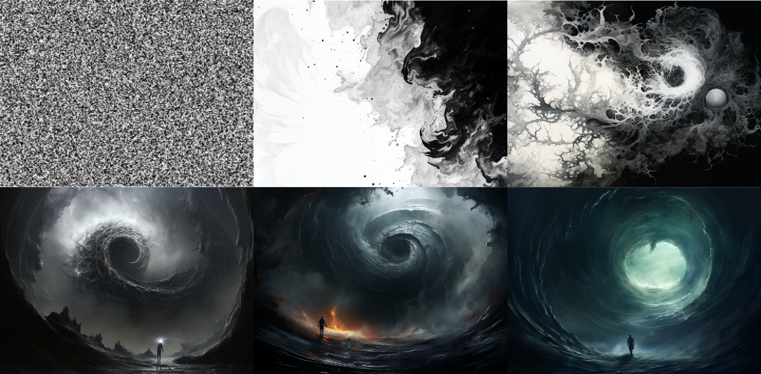 SeBultmann's tweet photo. I've been playing around with @midjourney over the last few days. I'm blown away by its capabilities! I had a lot fun playing with different options and styles. Here is the result of 6 /describe + /imagine cycles starting with a picture of white noise. Garbage in - Art out? https://t.co/PFHEbMNWCa