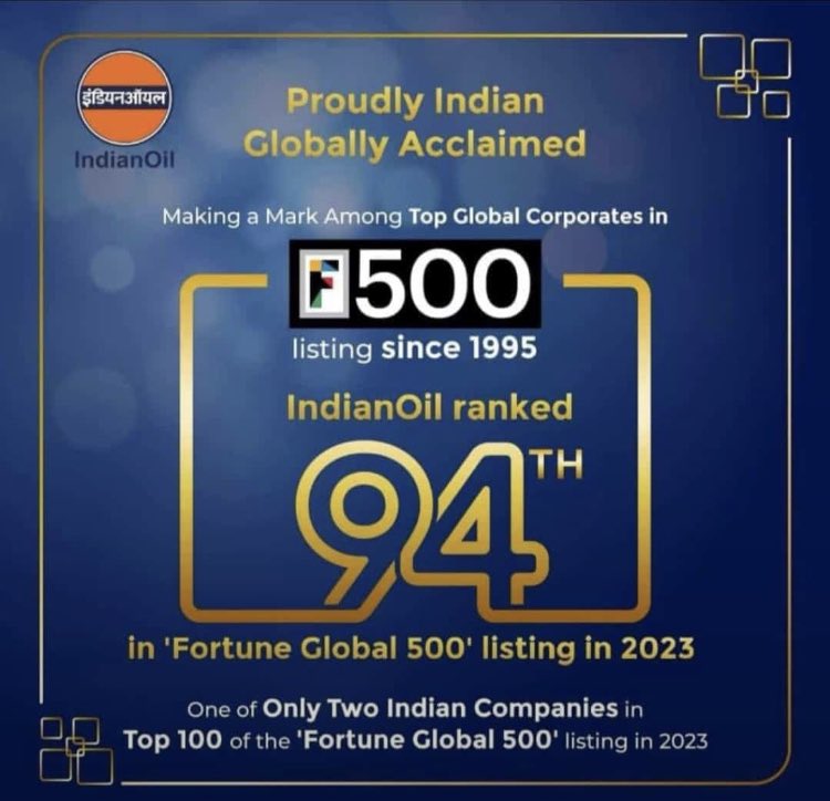 Shining bright at #94 in 'Fortune Global 500' listing of 2023, IndianOil stands tall as one of only two Indian companies &amp; only PSU in the global top 100. Rising 48 places from 2022, we're part of this league for 28 years &amp; committed to fueling India's growth story.
