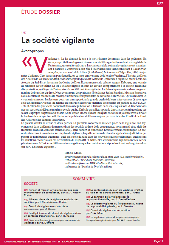 [DOSSIER] La société vigilante - Avant-propos par Isabelle Grossi in #JCPE n° 31-35