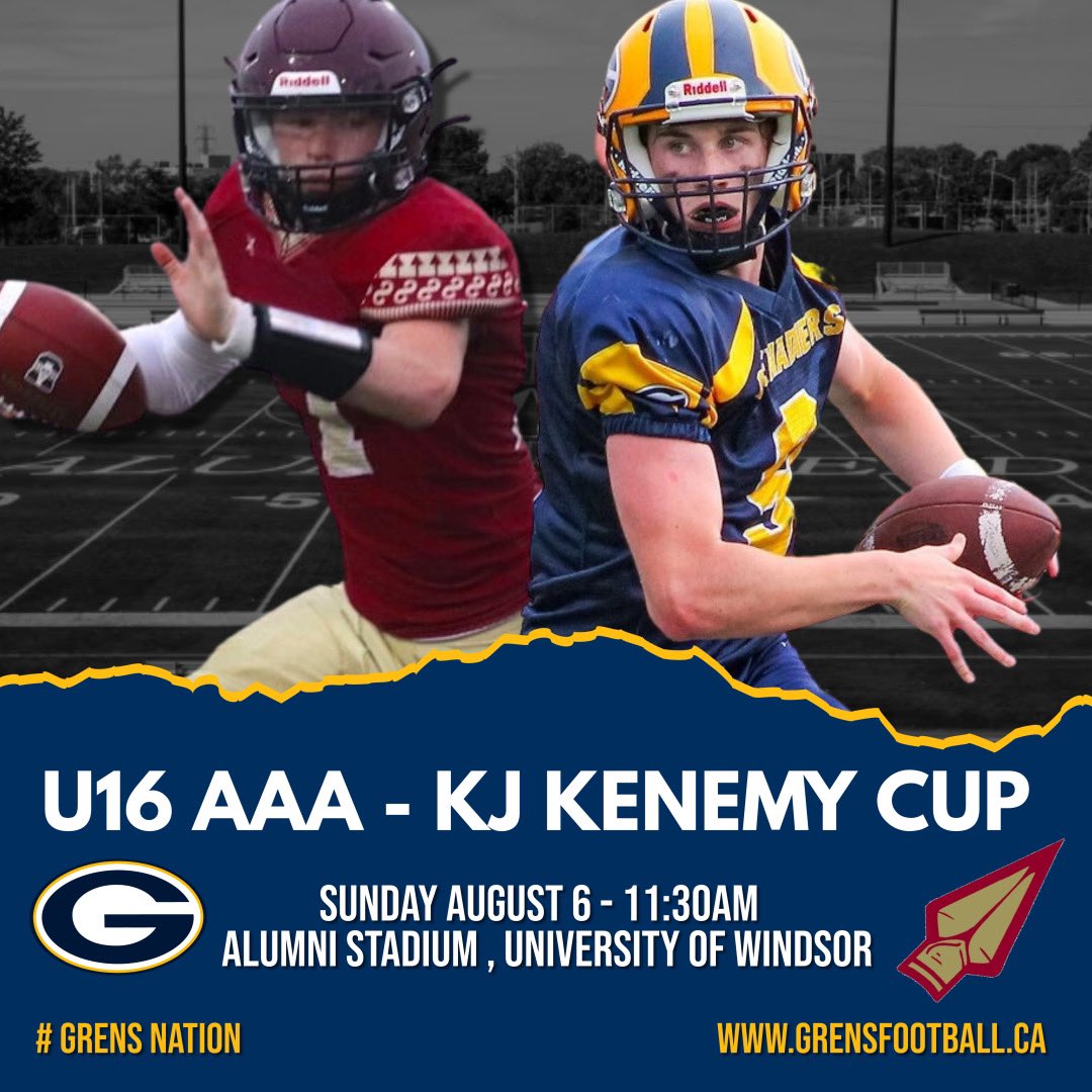 GrensFootball's tweet photo. The U16 Grenadiers squad is travelling to Windsor to face the Niagara Spears in the KJ Kenemy Memorial Cup Final! Live stream link and full Championship weekend lineup can be found on our website at https://t.co/fneGNLxqzf
Well done Grens and good luck! #GrensNation https://t.co/IJpY73RJDC