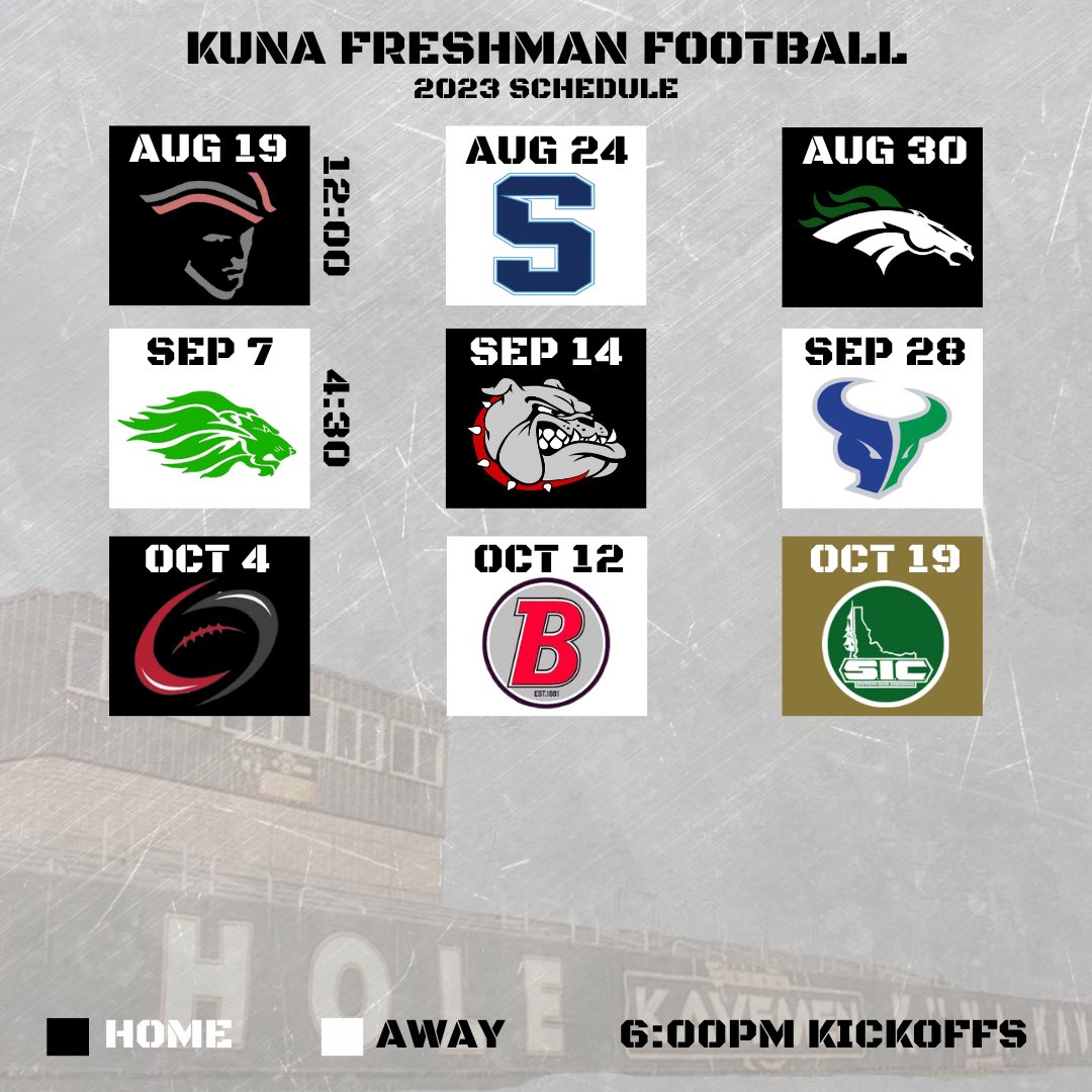 KunaKavemenFB's tweet photo. We are two weeks away from the kickoff of the 2023 season! This is a schedule update. #GoldStandard #KunaFootball #KavemenFootball https://t.co/3zPRuIPRxk