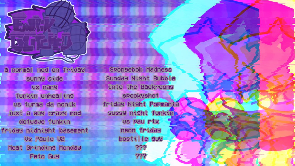 GlitchedDirect's tweet photo. Ei pessoal, seja bem vindo a conta oficial da Funkin Glitched!!! 

Pra quem não sabe o que é uma direct, é um evento que são mostrados trailers de jogos ou até filmes! No nossa caso será de mods de friday Night Funkin!

Falando em mods aqui tá a lista de mod que estão na direct https://t.co/vnSwN4aNjU