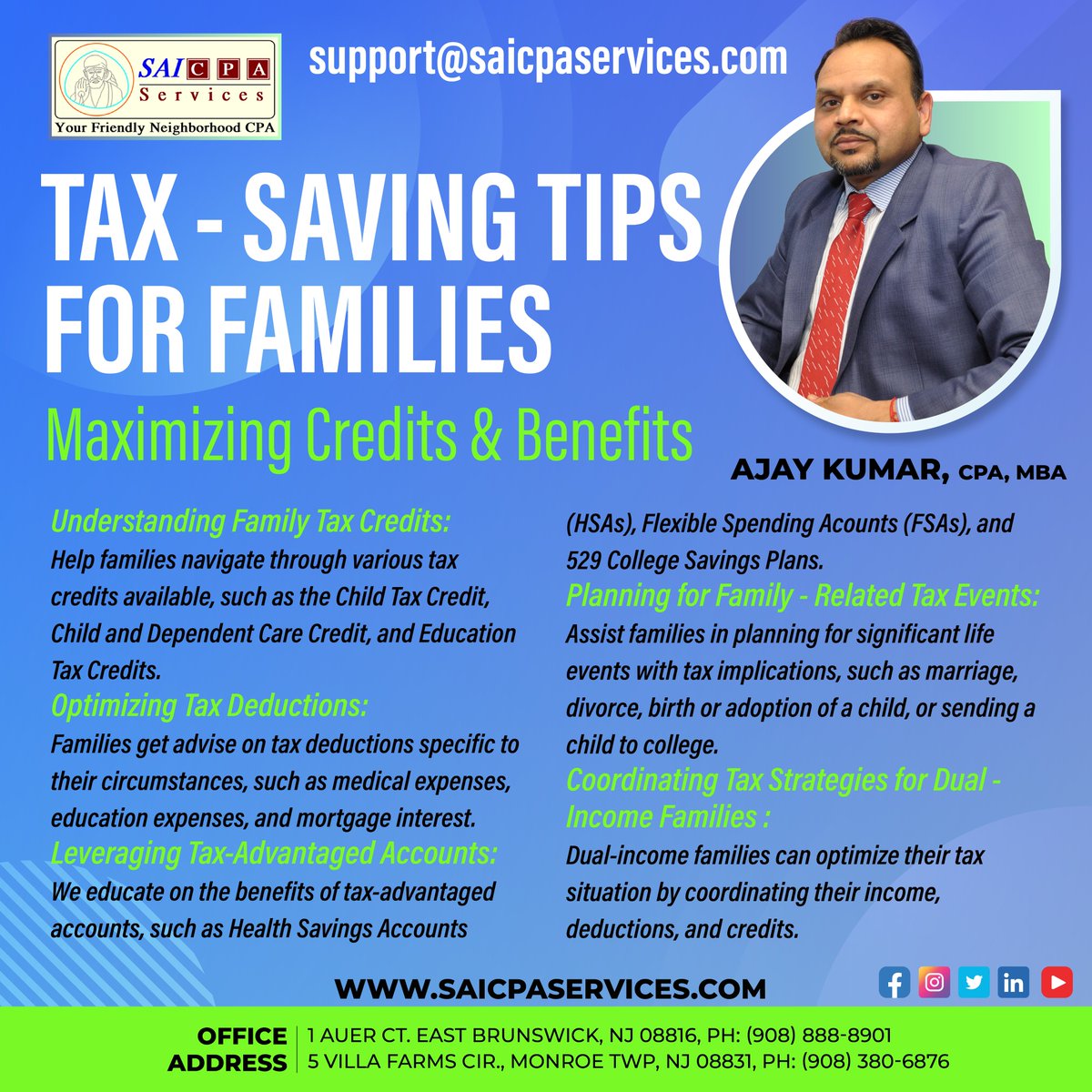 SaiCPA's tweet image. Sai CPA Services understands the unique tax challenges faced by families and strives to provide personalized tax-saving advice to maximize credits, deductions, and benefits. 
Contact Us : lnkd.in/d_N3D-Sh
lnkd.in/dKmUSsNw
(908) 380-6876
#TaxTips #CPATips