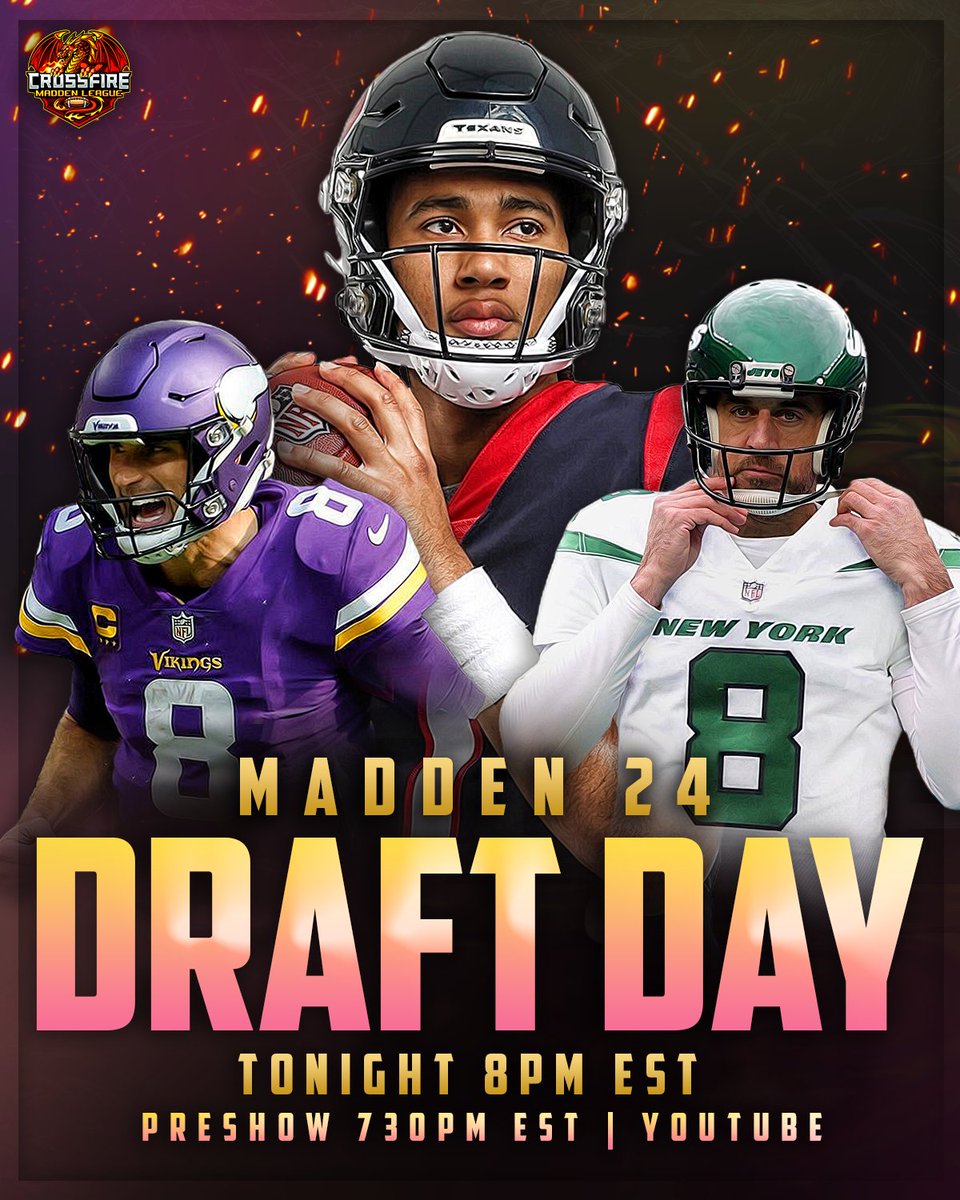 CrossfireLG #CrossfireSZN (@crossfirelg) on Twitter photo IT'S DRAFT DAY! 📆
📺: Preshow -- 730pm EST | Draft -- 8pm EST only on YouTube
#FranchiseNation // #Madden23 #leaguecrawler <a href="/EAMaddenNFL/">Madden NFL 26</a> <a href="/NeonSportz/">NeonSportz</a> <a href="/FixCFM/">Team Fix</a> IT'S DRAFT DAY! 📆
📺: Preshow -- 730pm EST | Draft -- 8pm EST only on YouTube
#FranchiseNation // #Madden23 #leaguecrawler <a href="/EAMaddenNFL/">Madden NFL 26</a> <a href="/NeonSportz/">NeonSportz</a> <a href="/FixCFM/">Team Fix</a>
