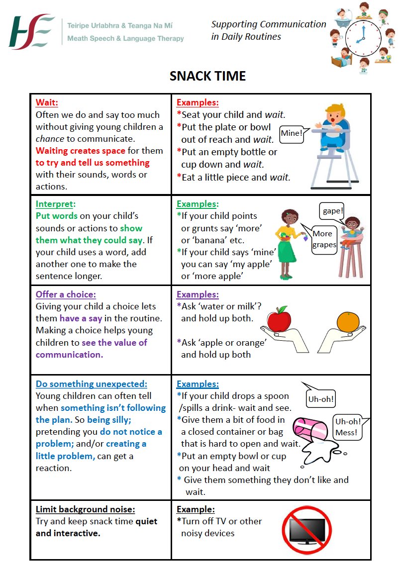 Everyday routines such as dressing, eating, bathtime and bedtime can be a great way to build your child's language skills. Have a look at these great handouts from Meath SLT for ideas on how to get the most out of your daily routines...