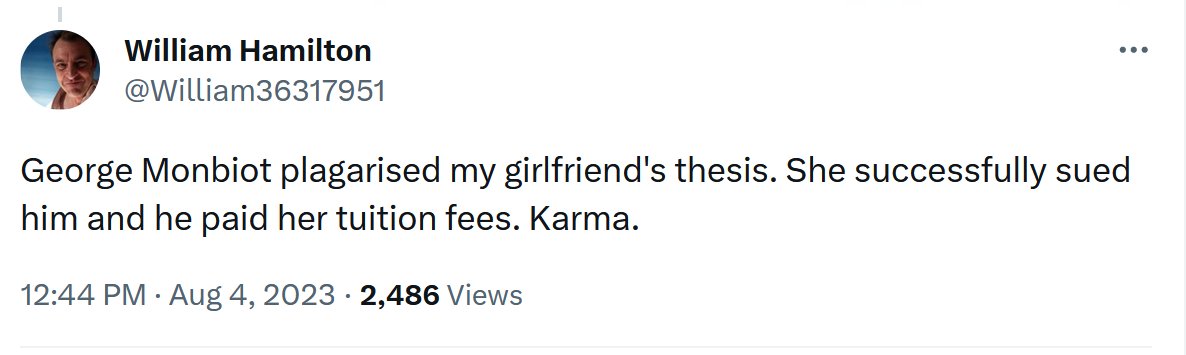 This is being gleefully circulated by people who dislike my politics. It's a blatant lie. I've never plagiarised anyone or been involved in any such suit. The account is probably a bot. But it shows how desperate some people are to smear anyone trying to protect the living world.