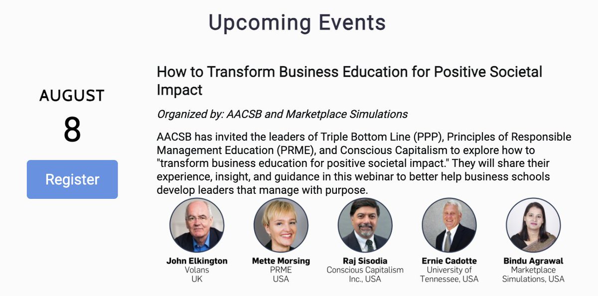 Check out this upcoming FREE webinar by <a href="/AACSB/">AACSB</a>, sponsored by <a href="/Marketplace_Sim/">Marketplace Simulation</a>!
Head of PRME, <a href="/Mette_Morsing/">Mette Morsing</a>, will join other movement leaders to share How to Transform Business Education for Positive Social Impact!
🗓️ 8 Aug | 11 a.m. ET

Register now 👉 aacsb.edu/events/2023/08…