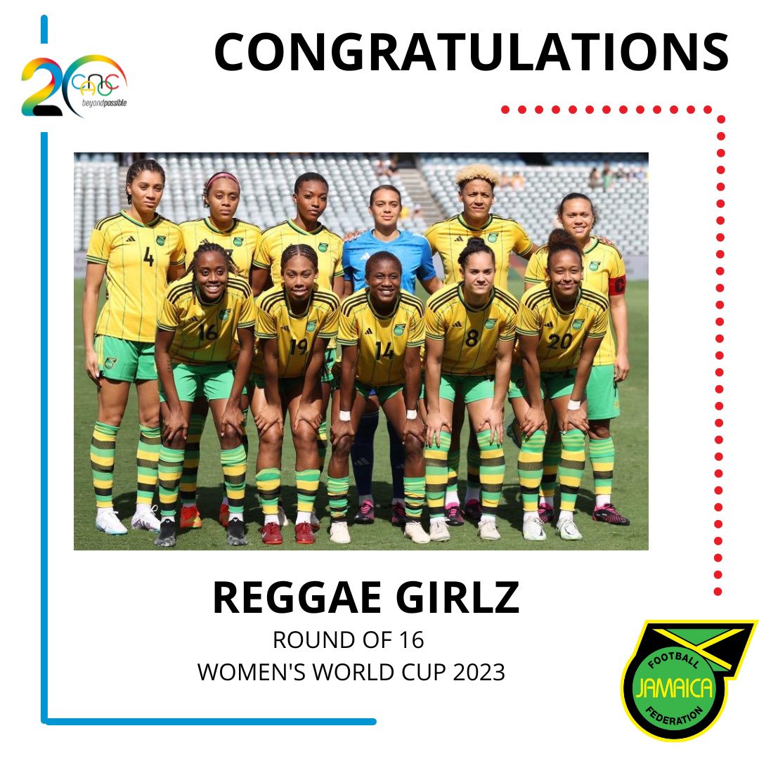 CanocSports's tweet photo. #CANOC President Mr.Keith Joseph and the entire Caribbean Sporting community wishes to congratulate the Jamaica 2023 FIFA Womenโs World Cup Squad, the "Reggae Girlz" on becoming the first Caribbean nation to reach the knockout phase of the Women's World Cup.
#beyondpossible https://t.co/UMUsG9gOao