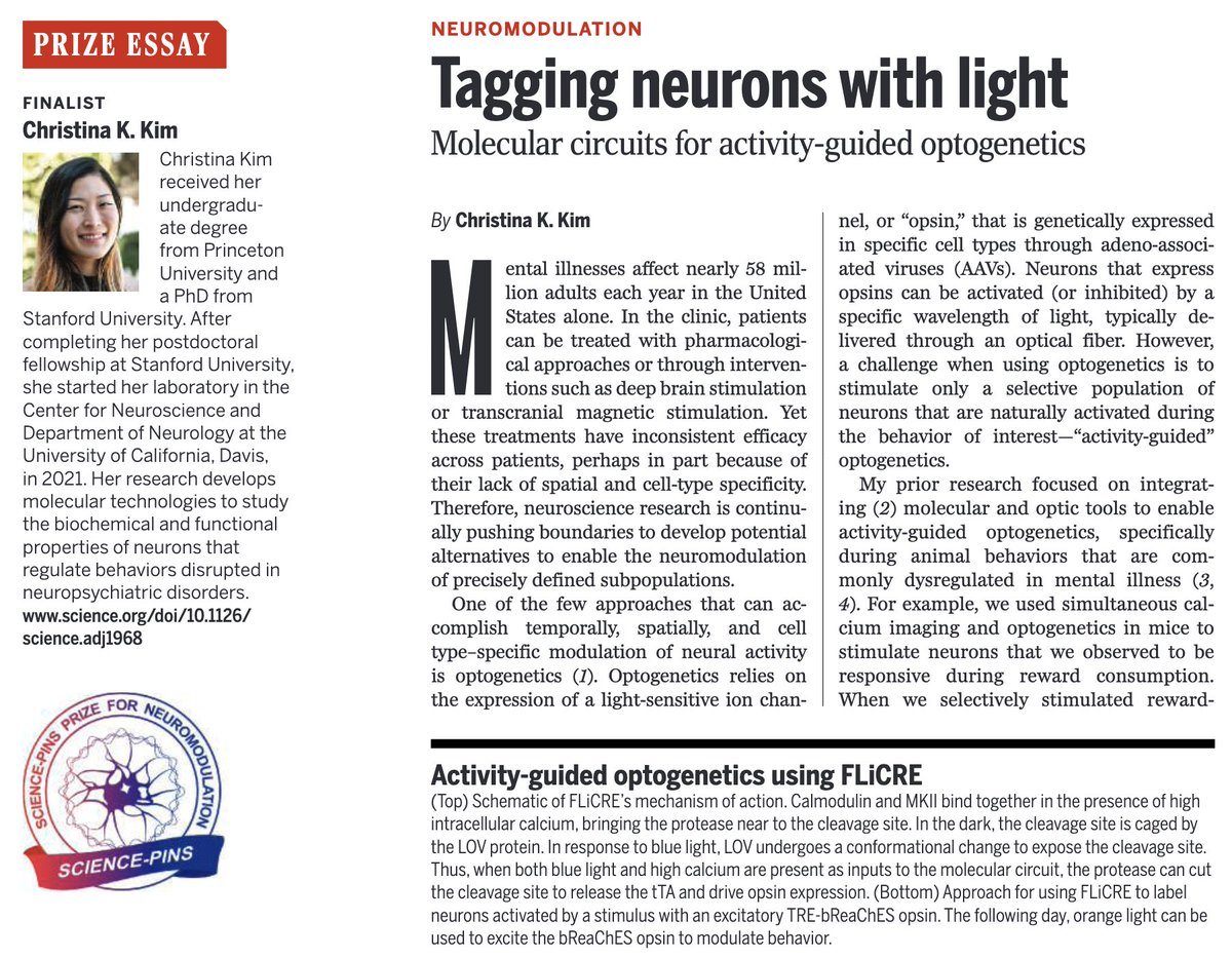 I enjoyed writing this essay about my work using light + calcium integrators for the Science & PINS prize for Neuromodulation! Honored to be selected as a finalist and to have my essay published in Science tinyurl.com/4fuh46w7