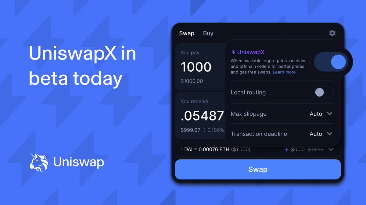 Uniswap's tweet photo. With UniswapX, you get:

🤑 Better prices across liquidity sources 
⛽ Gas-free swaps
🤖 MEV Protection (Maximal Extractable Value) 
❌ No cost for failed transactions

https://t.co/hx9aRDH2DK https://t.co/PcYcflwiKd