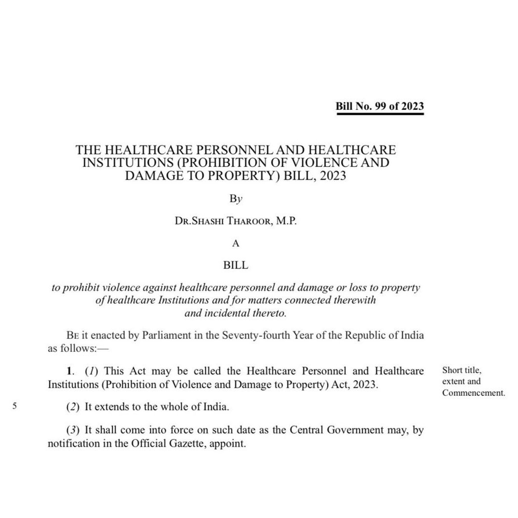 Indian__doctor's tweet photo. It's Disheartening that Doctors are facing violence in Whole India,
 
Thank You
@ShashiTharoor ji for bringing  bill to prevent violence against doctors!

THE HEALTHCARE PERSONNEL &amp; HEALTHCARE INSTITUTIONS BILL, 2023

It's a Private Member's Bill!
 Kindly support!
@PMOIndia https://t.co/PLYIwXSWh7