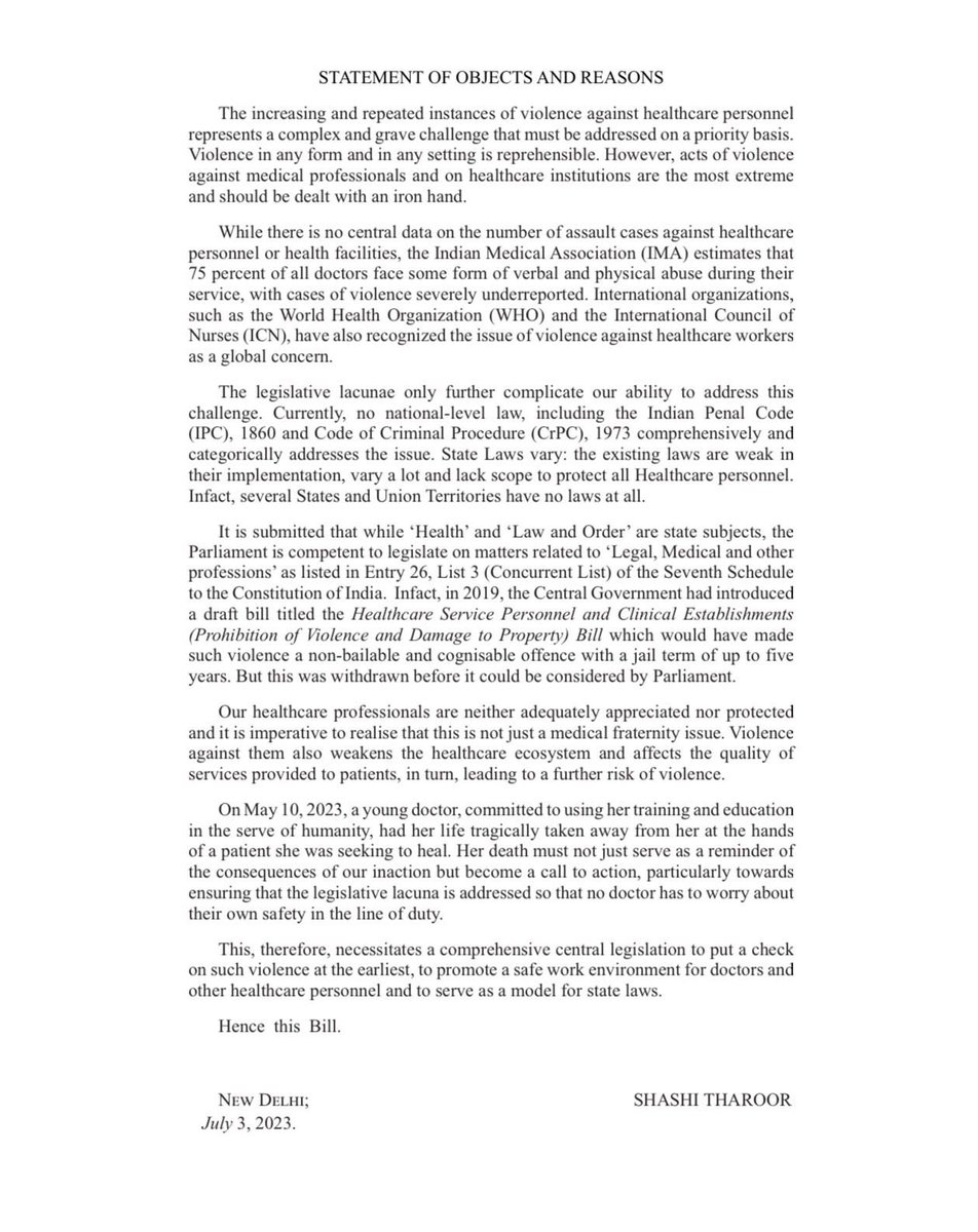 Indian__doctor's tweet photo. It's Disheartening that Doctors are facing violence in Whole India,
 
Thank You
@ShashiTharoor ji for bringing  bill to prevent violence against doctors!

THE HEALTHCARE PERSONNEL &amp; HEALTHCARE INSTITUTIONS BILL, 2023

It's a Private Member's Bill!
 Kindly support!
@PMOIndia https://t.co/PLYIwXSWh7