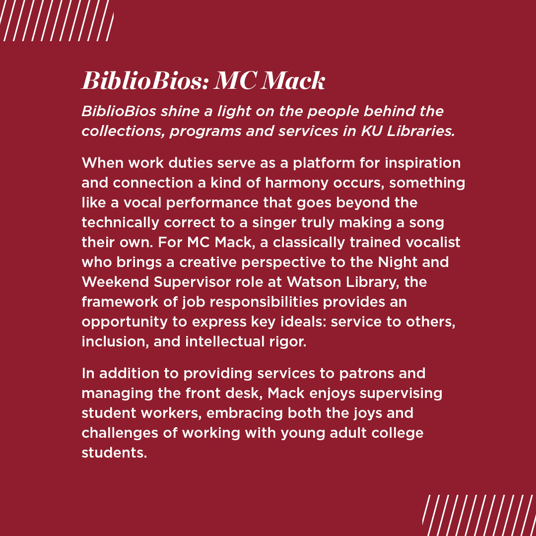 kulibraries's tweet photo. 𝘉𝘪𝘣𝘭𝘪𝘰𝘉𝘪𝘰𝘴: Role at service desk in Watson hits all the right notes in return to libraries for MC Mack.

Get to know Mack and find a link to important information and resources by connecting with our faculty &amp; staff.

📝 https://t.co/7o3ay7mHWb