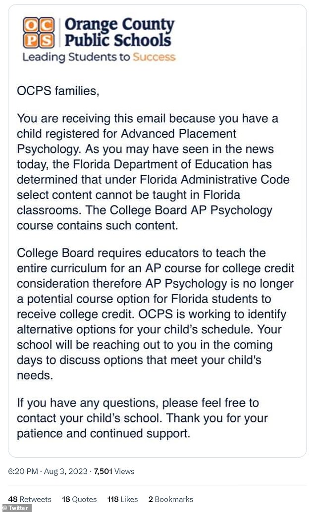 GeoRebekah's tweet photo. School starts in Florida next week, and districts have notified nearly 30,000 seniors that they need to change their schedules because @RonDeSantis banned AP Psychology.

Many seniors are already adults.

They all have a right to the same education offered in every other state. https://t.co/B0QWrAsEKW