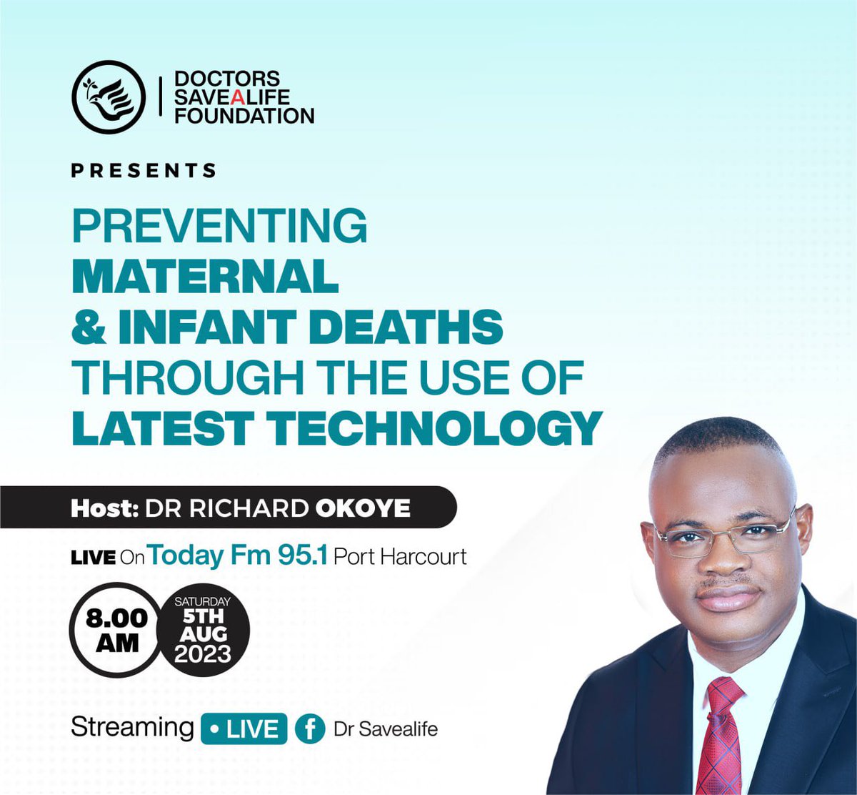 Join Dr. Richard Okoye Live this Saturday on Today FM 95.1 Port Harcourt as he discusses:

Preventing Maternal and Infant Deaths through the use of Latest Technology. 

Date: 5th August, 2023
Tima: 8 am

The session will be streamed live across our social media platforms.
#Share