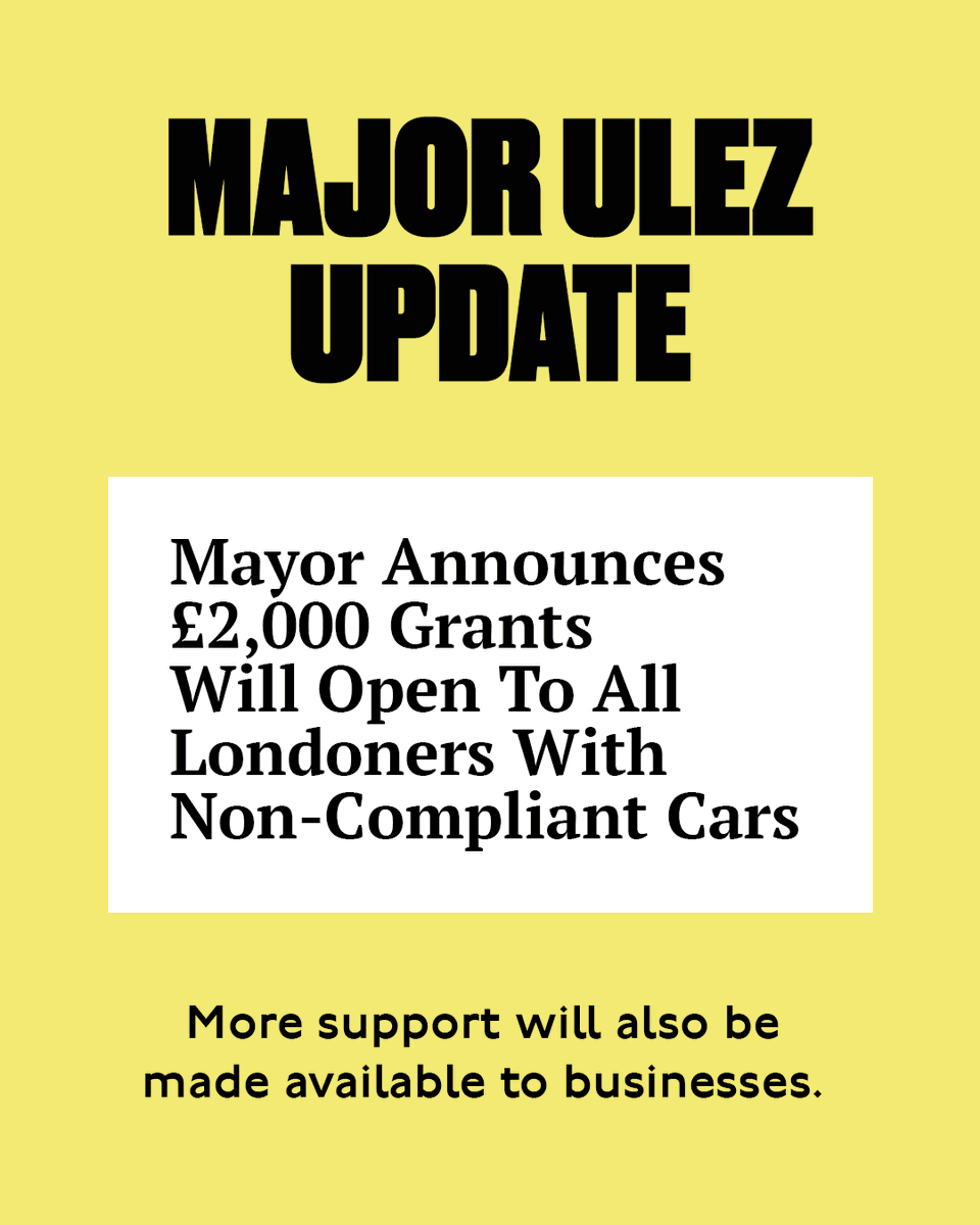 MayorofLondon's tweet image. ⚠️ IMPORTANT ULEZ UPDATE ⚠️

Every Londoner with a ULEZ non-compliant car will be eligible for up to £2,000 to help with transitioning to a less polluting vehicle.

Plus more support for small businesses, charities and disabled Londoners.

See more: tfl.gov.uk/modes/driving/…
