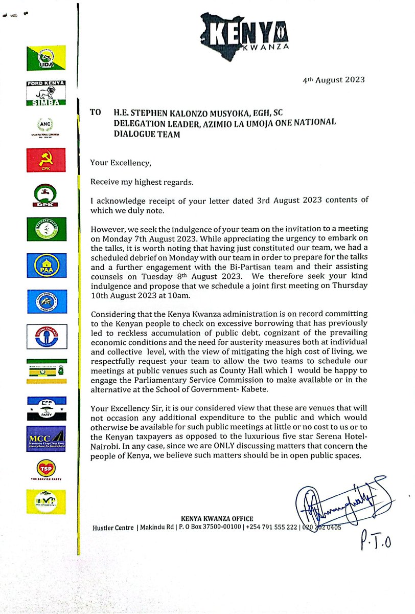 KIMANIICHUNGWAH's tweet photo. Letter to Azimio la Umoja One Kenya National Dialogue Team @skmusyoka https://t.co/SqJLCI0C4W