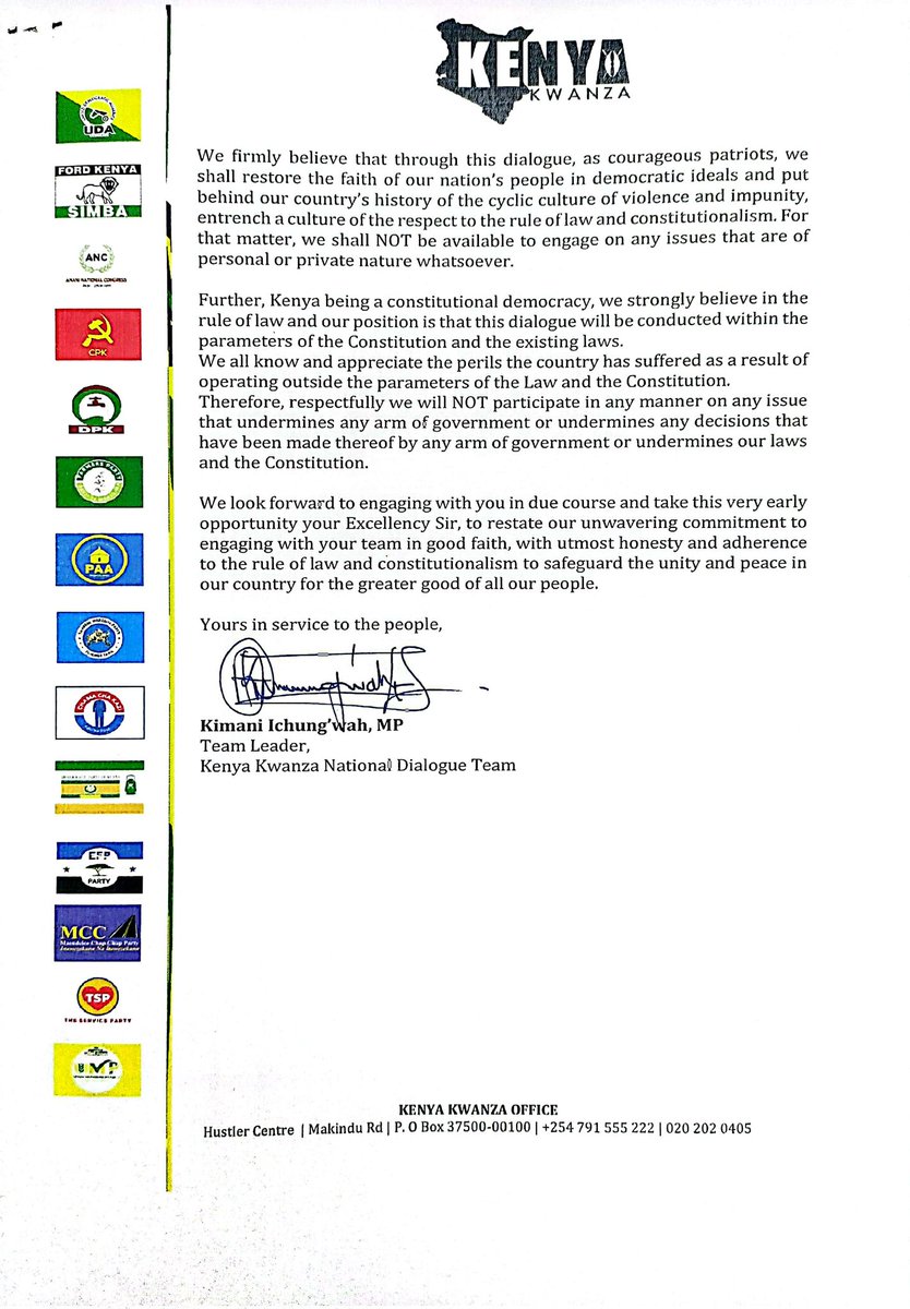 KIMANIICHUNGWAH's tweet photo. Letter to Azimio la Umoja One Kenya National Dialogue Team @skmusyoka https://t.co/SqJLCI0C4W