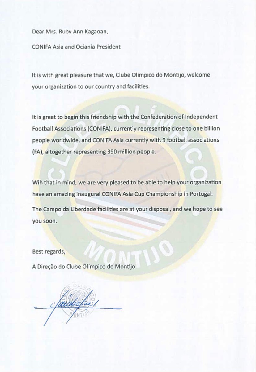 CONIFA Asia Cup 2023
The Welcome from Clube Olimpico do Montijo President to Conifa Asia, to Ruby Ann Kagaoan and to Conifa Asia Cup 2023
The Press conference will be at 4.30 pm CET+1 live on Conifa Asia page.
The first match will be live on conifatv at 6.30 pm CET +1