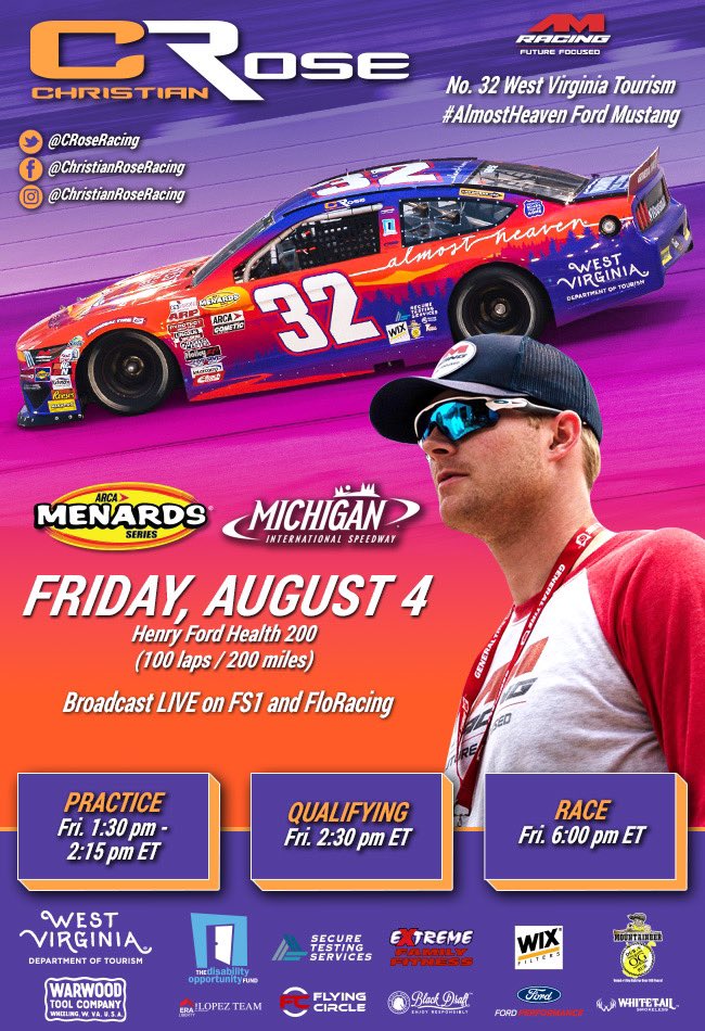 AMRacingNASCAR's tweet photo. .@CRoseRacing is bringing his No. 3️⃣2️⃣ @WVtourism Mustang to the Irish Hills of @MISpeedway‼️
👉 Practice 1:30 PM ET
⏱️ Qualifying 2:30 PM ET
🏎️ Race starts at 6:00 PM ET
📺 @FS1 | @FloRacing
📻 @MRNRadio | @SIRIUSXM
#ARCA #FutureFocused #AlmostHeaven #GetSecure https://t.co/ecN7RzZwxy