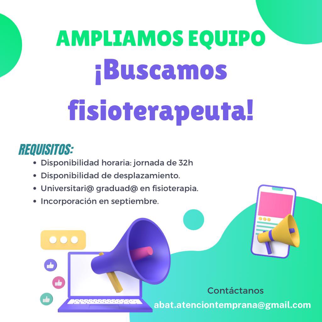 Buscan fisio en el CAT de Buñol (Valencia) para una excedencia de un año. Mandar CV al email que sale en la imagen. Convenio discapacidad de CV.