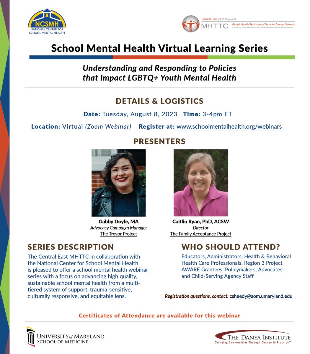 We're hosting Understanding and Responding to Policies that Impact LGBTQ+ Youth Mental Health with featured panelists Gabby Doyle and Caitlin Ryan next Tuesday. Learn more and register! buff.ly/3QChj8X