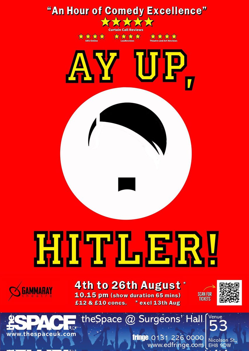 <a href="/JaneyGodley/">Janey Godley</a> ‘Ay Up, Hitler!’ is the untold “true” story of what really happened at the end of WWII, where Hitler fled Germany to hide out on Yorkshire

Opening tonight at the <a href="/edfringe/">Edinburgh Festival Fringe</a> 

tickets.edfringe.com/whats-on/ay-up…