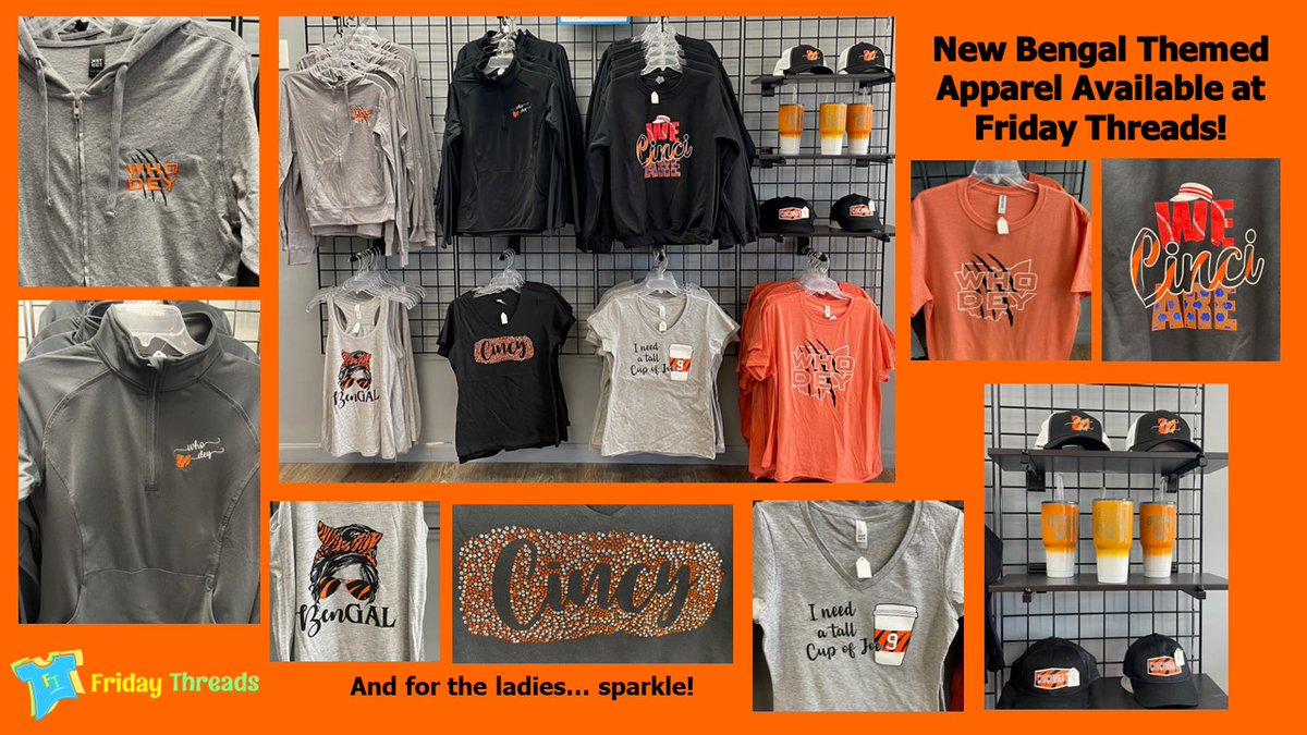 New Bengal Themed Apparel & More.  Stop in today to grab yours before PreSeason starts!
#CincyBengals #SmallBusinesses #MasonOhio