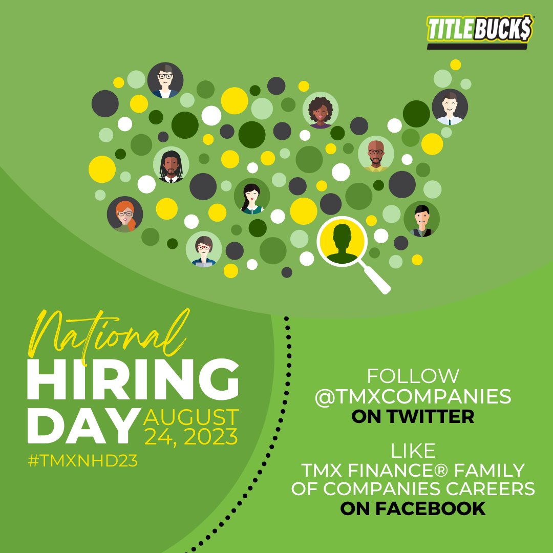 #TMXNHD23 on August 24, 2023 is our largest hiring event of the year with all-day open interviews. But you don't have to wait to start a rewarding career! Check out <a href="/TMXCompanies/">TMX Companies</a> on Twitter and Instagram and "TMX Finance Family of Companies Careers" on Facebook to apply today!