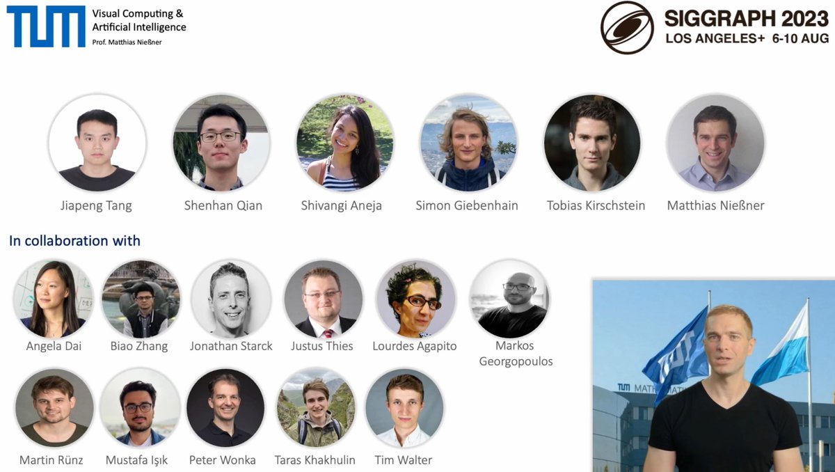 MattNiessner's tweet photo. Happy to share the #SIGGRAPH'2023 paper compilation from our lab &amp; collaborators:
https://t.co/1O101FsavB

We present exciting ideas on generative 3D models (diffusion &amp; GANs) for 3D shapes, faces, and humans :)

Looking forward to a great conference in #LosAngeles next week!!! https://t.co/LmDrLLk10K