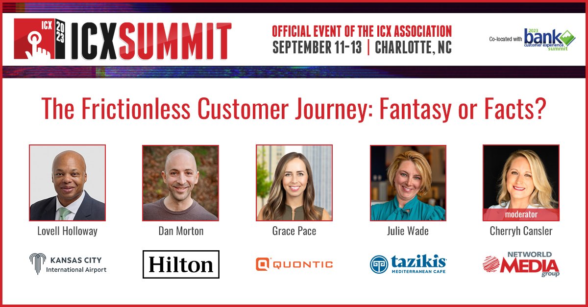 ICXsummit's tweet photo. These panelists will join us at Interactive Customer Experience Summit 2023 to discuss when cutting friction from the customer journey is necessary to avoid lost sales and when it can be used to your advantage. @Fly_KansasCity @Hilton @quontic @Tazikis @NetworldMediaG #ICXsummit https://t.co/FCJaCYsqMK
