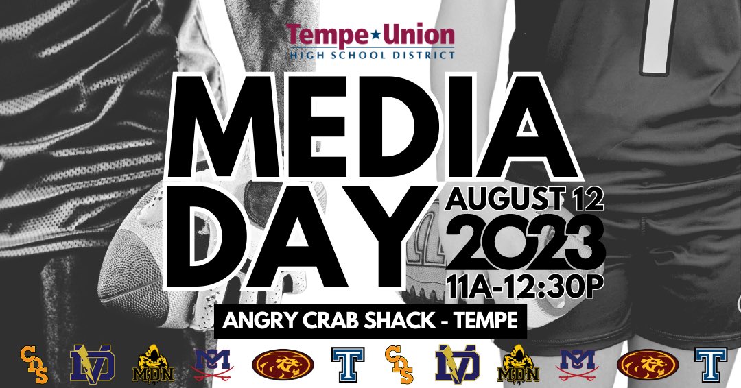 Tempe Union’s Media Day will be Aug 12 at 11am at Angry Crab Shack in Tempe. TUHSD will not be announcing any media rights or conference realignment at that time. @azc_obert @ZachAlvira @KevinMcCabe987 @MarkMcClune @bradcesmat @JUSTCHILLY @ClaudiafCollins @VDAliesio @JordyHamm